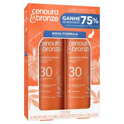 Pack Protetor Solar Aerossol FPS 30 Cenoura & Bronze Caixa 2 Unidades 200ml Cada Spray Grátis 75% de Desconto na 2ª Unidade